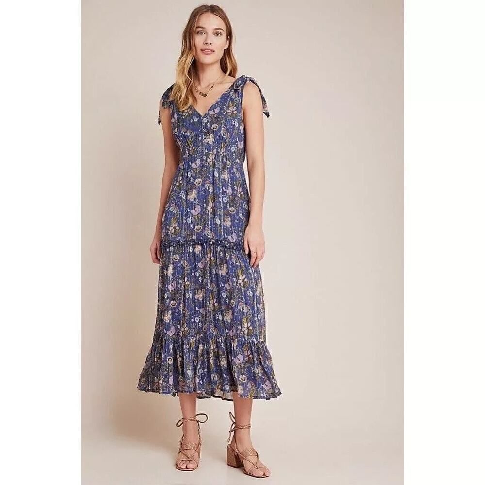 Anthropologie RANNA GILL Lyndsey Shimmer Floral Ruffled Dress Size M-MSRP $178